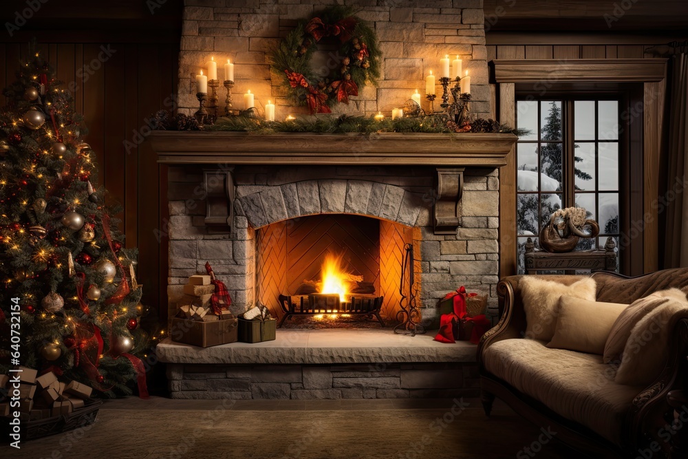 Generative ai of Cozy living room with a chimney warms the house during Christmas. Generative ai of Cozy living room with a chimney warms the house during Christmas.