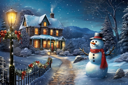 Illustration of Christmas theme with a house surrounded by beautiful nature and covered with snow. Generative ai