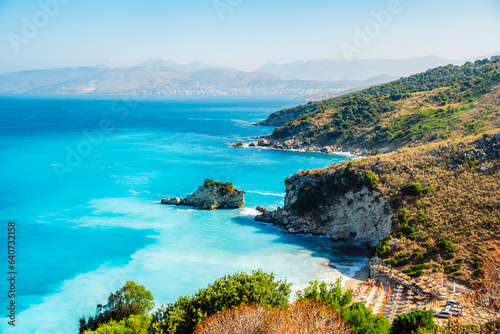 Albania riviera. Beach on coast of Ionian Sea in Albania, Ksamil, near Greece island Korfu. Shpella e Pëllumbave beach
