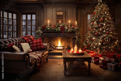 Generative ai of Cozy living room with a chimney warms the house during Christmas.