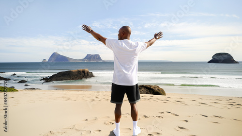 An adult man with outstretched arms on the beach on a sunny day photo