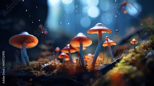 Amazing Shot of a Glowing Mushroom in a Magical Forest. Insane Particles, Mystical Atmosphere.
