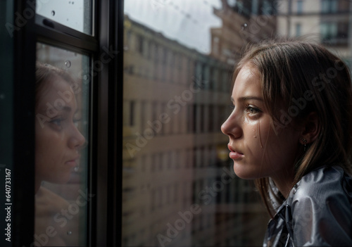 A sad woman staring out of the window
