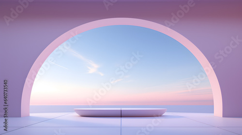 3d rendering and illustration and cruved wall, architecture, white, pink, blue sky, modern, trendy, new 
