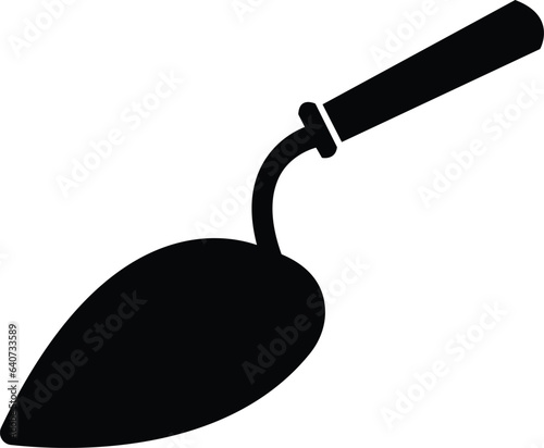 Simple trowel with handle sign web icon silhouette with invert color. Minimalist shovel, spade or trowel solid black icon design. construction icon isolated on white background.
