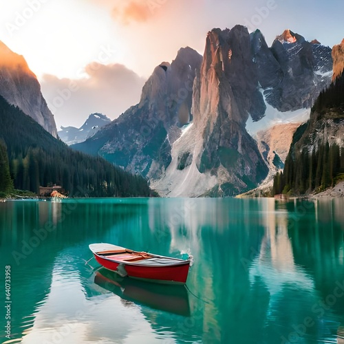 lake in the mountains with boat Generated Ai