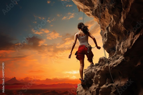 cliff woman athletic background rock sky sunset overhanging climbing