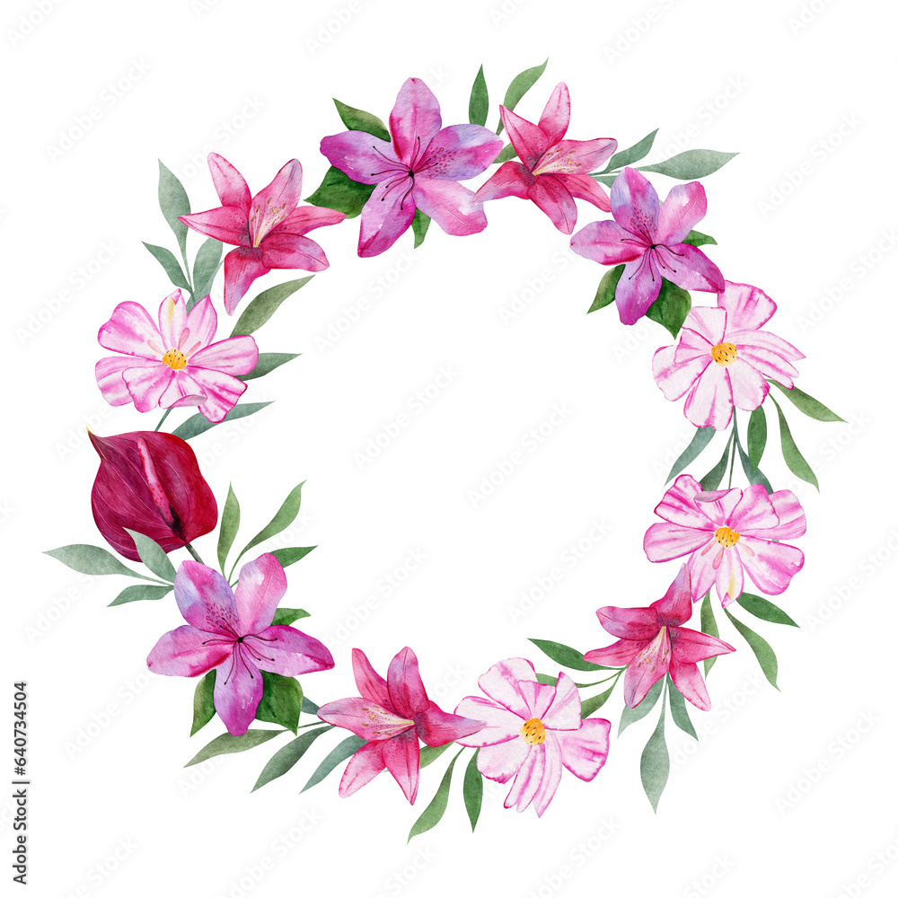 Wreath with pink flowers and leaves painted in watercolor illustration. Floral, seamless background.