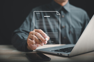 Digital technology enables businessman to sign online business contract with electronic signature. Showcases e-signing, digital document management, and paperless office. Agreement is established.