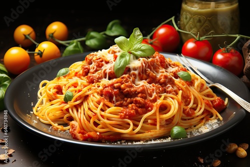 basil leaf pasta lunch food italian nner green plate spaghetti red delicious white meal bolognese mediterranean cooked spaghetti sauce vegetable plate tomatoes black bowl healthy cheese ingre served