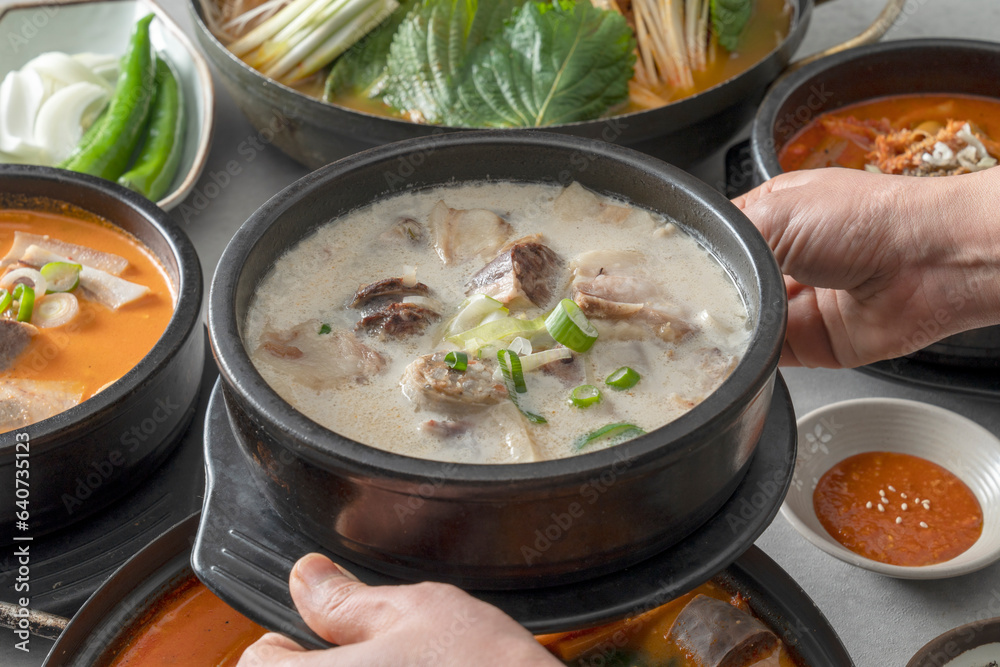 Korean food dish Side dishes, pork rib hangover soup, gopchang hot pot, and gamjatang Korean food dish Side dishes, pork rib hangover soup, gopchang hot pot, and gamjatang