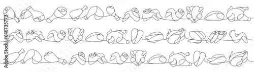 Raw chicken meat set one line continuous drawing. Raw chicken meat parts continuous one line illustration. Vector minimalist linear illustration.