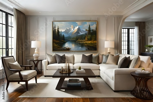 modern living room with full wall scenery , L shap sofa-Generative AI © sajid