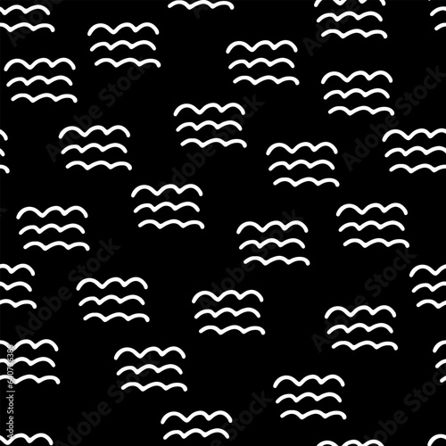 Simple pattern with hand drawn scribbled waves. Seamless vector minimalistic pattern on black background. Doodle print