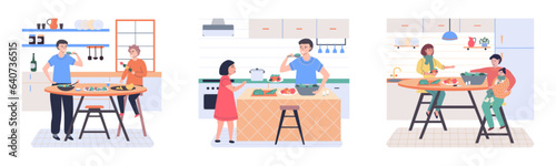 People cooking vegetarian food. Vector illustration. Man and woman with children preparing food for dinner. People cooking. Husband and wife are preparing together. Man and woman in the kitchen