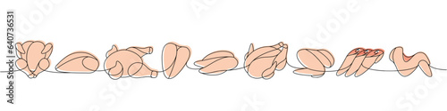 Chicken parts set one line colored continuous drawing. Raw chicken meat parts continuous one line illustration. Vector minimalist linear illustration.