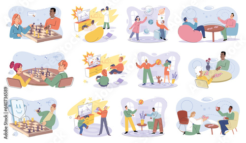 Game together. Family fun. Friendship time. Vector illustration. People playing games together discover new aspects of each other s personalities Family game nights allow everyone to unwind and enjoy