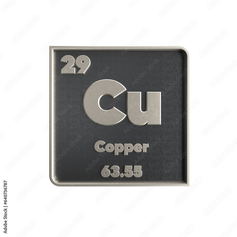 copper chemical element black and metal icon with atomic mass and atomic number. 3d render illustration. copper chemical element black and metal icon with atomic mass and atomic number. 3d render illustration.