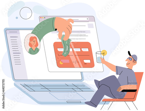 Computer hacker who steals money and personal data on Internet. Web crime with password hacking. Concept of phishing, hacker attacks, online fraud and web protection. Cheating and cybercrime