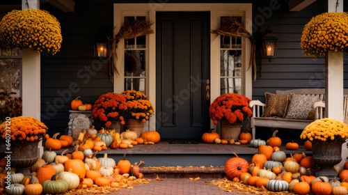 Front door of wooden farmhouse with Halloween themed decorations