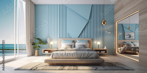 Dormitorio moderno de una casa de playa lujosa de diseño, con paredes turquesa, cama de madera clara, espejo y cristaleras amplias con vistas al mar photo