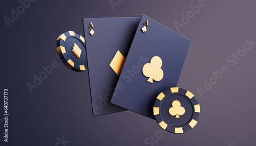 Casino cards poker blackjack baccarat Black ace symbols with gold metal 3d rendering
