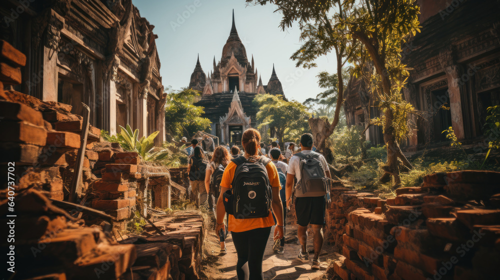 Tourists walking in front of temple in Koh Samui Thailand.