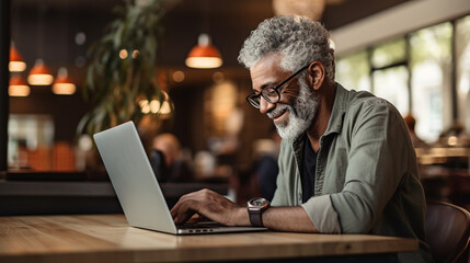 Older black man using his laptop computer at a coffee shop table. Older people and technology.