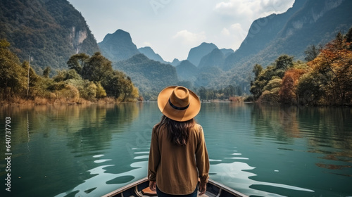 Tourist woman sitting on a boat in the river and enjoying nature. © AS Photo Family