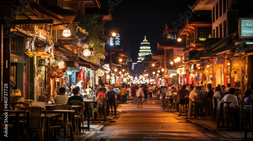 Unidentified people sit in outdoor cafe street Chiang Mai old town at night, Thailand.