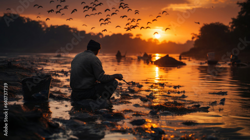 Fishermen fishing in golden light in Mekong River  Thailand.