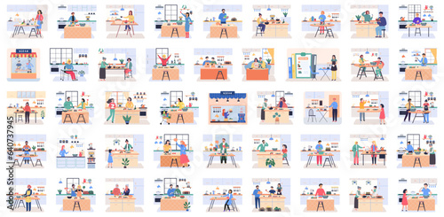 People cooking vegetarian food. Vector illustration. Set of characters cooking meal home. Woman preparing food for dinner. People cooking. Wife preparing healthy alternative from vegetarian nutrition