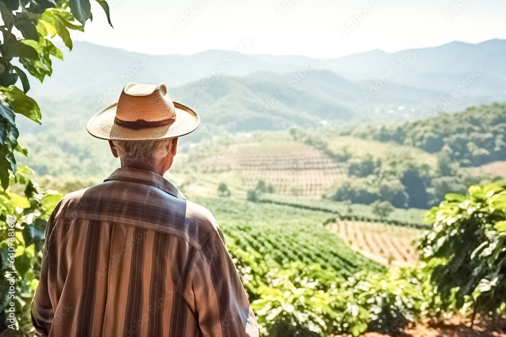Rear view shot of a old male farmer looking at a green coffee field. 