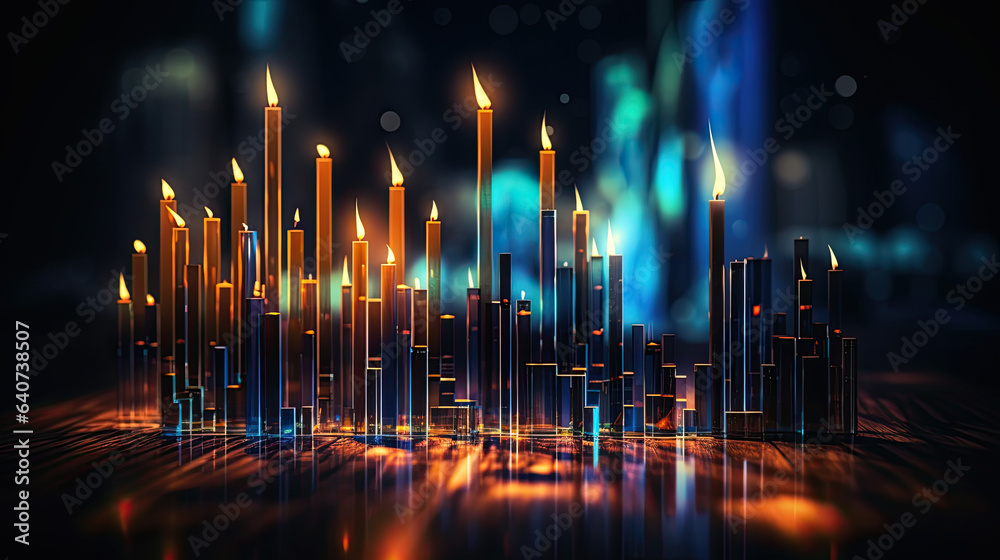 colorful candlesticks of a stock stock chart. the candles are burning and have a for at the top.
