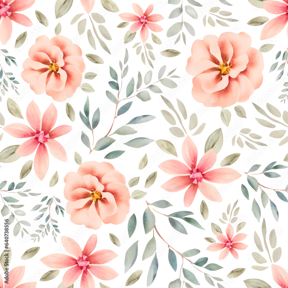Seamless floral watercolor pattern with garden pink, flowers roses and green leaves