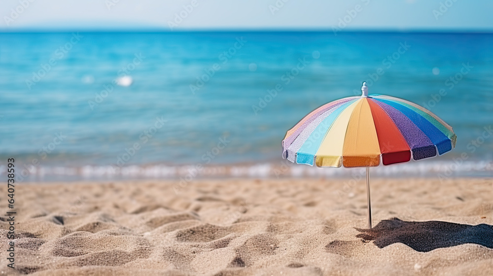 a colorful parasol in rainbow colors on the beach by the sea in summer. no people