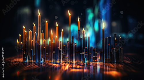 colorful candlesticks of a stock stock chart. the candles are burning and have a for at the top.