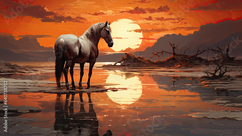 horses at the shallow water in the evening at a sunset with a red sky.
