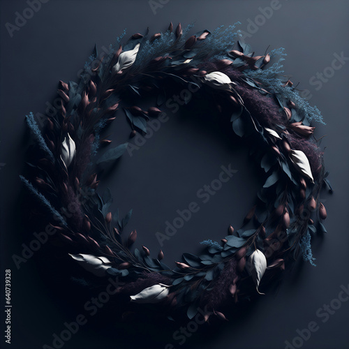 dark mourning wreath on black background, generative ai