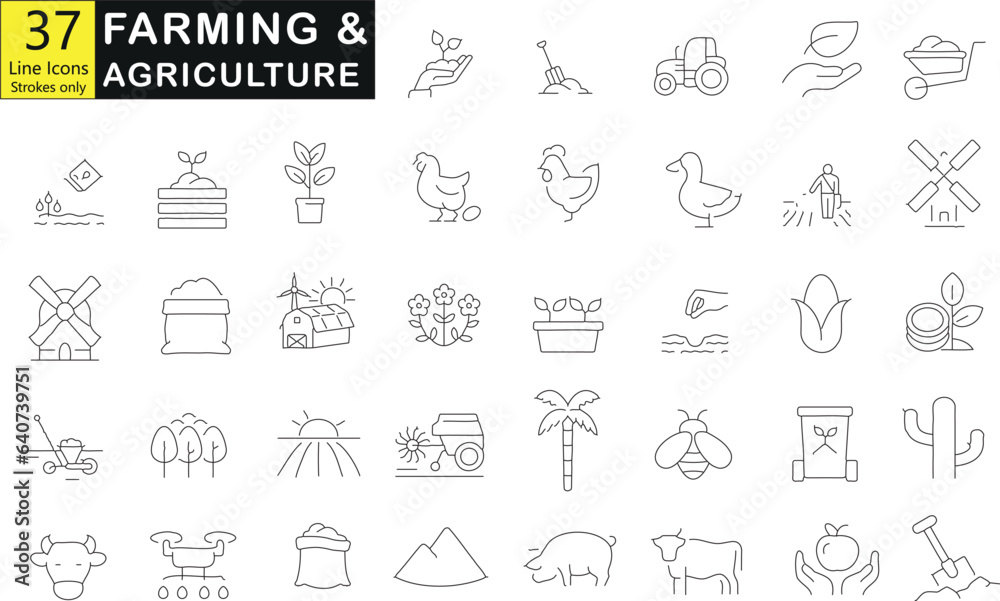 Agricultura, Agricultura, 37 Ícones de Linha. Ilustração vetorial em preto e branco apresentando trator, celeiro, vaca, galinha, porco, ovelha, abelha, moinho de vento, regador, cesta de frutas, 