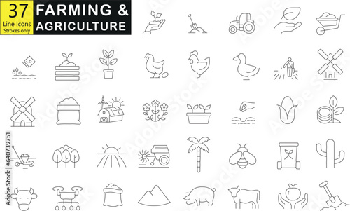 Agricultura, Agricultura, 37 Ícones de Linha. Ilustração vetorial em preto e branco apresentando trator, celeiro, vaca, galinha, porco, ovelha, abelha, moinho de vento, regador, cesta de frutas,  photo
