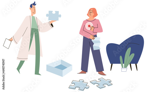 Female patient with emotional distress and health problems talking with male psychologist, psychoanalyst or psychotherapist. Psychotherapy session, psychiatric help, mental therapy and psychiatry