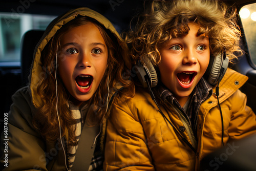 Unforgettable sibling rivalry in car's backseat: persistent kid kicking driver's seat, paired with brother blaring music on a tablet. An embodiment of family road trip antics! photo