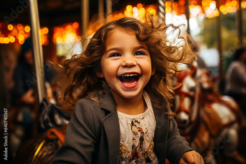 Captivating young girl, full of joy and surprise on a carousel ride. Expressive face with open mouth portraying pure delight.