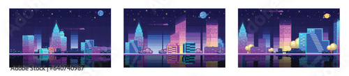 Neon lights and dark theme city. Chinese 8 bit city, arcade, poster. Bright colorful, illuminated street, city landscape. Cityscape. Pixel art style, cyberpunk city scene, night time with neon lights