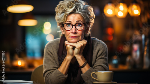 Vivid portrait of distressed middle-aged woman wringing hands against blurred TV displaying pandemic news, capturing domestic crisis and health stress. photo