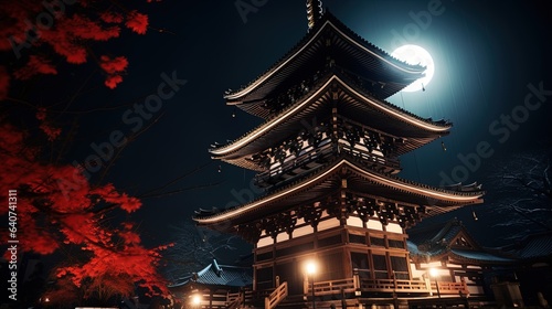 A low angle view of a pagoda in Japan at night, generated by AI