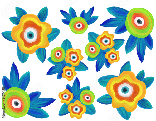 Abstract colorful green, blue, and orange flowers on a transparent background PNG © Anastasia