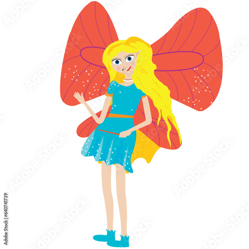 Illustration of blue fairy with orange wings