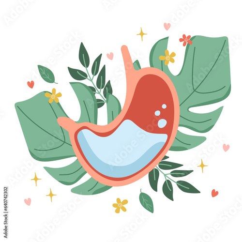 Stomach. Composition of the stomach on the background of leaves. Vector illustration